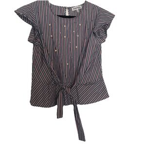 Kontrol Contemporary Womens Beaded Pearl Top Blouse Striped Navy Blue‎ Red M